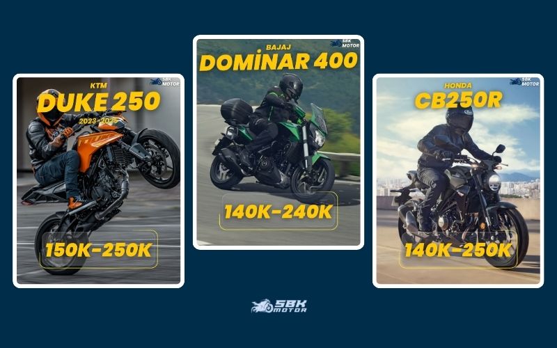 1-KTM 250 Duke (2023–2025)  KTM 250 Duke, performans odaklı naked motosiklet arayan kullanıcıların en çok tercih ettiği modellerden biridir. Hafif yapısı, agresif tasarımı ve canlı motor karakteriyle özellikle genç sürücüler arasında oldukça popülerdir.  2023–2025 model yıllarındaki KTM 250 Duke’lar, ikinci el piyasasında genellikle 150.000 TL ile 250.000 TL arasında değişen fiyatlara sahiptir. Düşük kilometreli ve temiz örnekler üst bantlara yaklaşırken, daha yüksek kilometreli modeller 6 aylık asgari ücret seviyesine daha yakın fiyatlardan bulunabilmektedir.  Şehir içi kullanımda seri hızlanma isteyen, sportif sürüşten keyif alan ve tasarıma önem veren kullanıcılar için mantıklı bir tercih olabilir. Ancak bakım ve parça maliyetleri, Japon markalara kıyasla bir miktar daha yüksek olabilir.  2-Bajaj Dominar 400 UG  Bajaj Dominar 400 UG, fiyat-performans dengesini en iyi sunan modellerden biridir. 400 cc sınıfında yer almasına rağmen ikinci el piyasasında erişilebilir fiyatlara bulunabilmesi, bu modeli asgari ücret bazlı hesaplamalarda öne çıkarıyor.  İkinci elde 140.000 TL – 240.000 TL aralığında bulunan Dominar 400 UG, özellikle uzun yol ve güçlü motor isteyen kullanıcılar için iyi bir alternatiftir. Ağırlığı biraz fazla olsa da, otoban ve uzun yol sürüşlerinde sunduğu stabilite ciddi bir avantaj sağlar.  Yakıt tüketimi makul seviyelerde olan bu model, konforlu sele yapısı sayesinde günlük kullanımda da tercih edilebilir.  3-Honda CB250R  Honda CB250R, kalite algısı ve sorunsuzluk beklentisi olan kullanıcıların sıkça yöneldiği bir modeldir. Minimalist tasarımı, dengeli sürüş karakteri ve düşük arıza oranlarıyla öne çıkar.  İkinci el piyasasında 140.000 TL – 250.000 TL bandında yer alan CB250R, özellikle uzun yıllar sorunsuz motosiklet kullanmak isteyenler için güvenli bir liman olarak görülür. Parça bulunabilirliği ve servis ağı, bu modelin en büyük avantajları arasındadır.  Performans anlamında çok agresif olmasa da, dengeli sürüş isteyen kullanıcılar için yeterlidir.