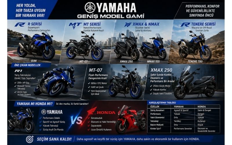 Yamaha’nın model gamına baktığımızda oldukça geniş bir yelpaze görüyoruz. R serisi tamamen performans odaklı supersport modellerden oluşurken, MT serisi daha çok naked ve günlük kullanım ile performansı birleştiriyor. XMAX ve NMAX gibi scooter modelleri ise şehir içi kullanımda ciddi bir konfor sunuyor. Tenere 700 gibi modeller ise macera ve off-road tarafında Yamaha’nın ne kadar güçlü olduğunu gösteriyor.