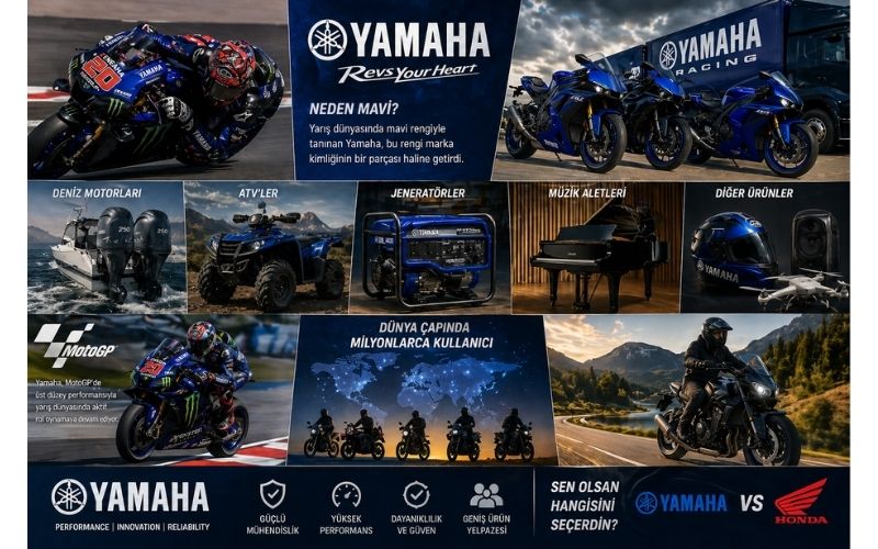 Bir diğer merak edilen konu ise Yamaha’nın neden mavi renk ile özdeşleştiği. Bu aslında markanın yarış geçmişi ile alakalı. Yamaha, yarış dünyasında mavi rengiyle tanındığı için bu renk zamanla marka kimliğinin bir parçası haline geliyor.  Yamaha’nın sadece motosiklet üretmediğini de unutmamak gerekiyor. Deniz motorları, ATV’ler, jeneratörler ve hatta müzik aletleri üretmeye devam ediyor. Bu da markanın ne kadar geniş bir mühendislik altyapısına sahip olduğunu gösteriyor. Aynı anda hem piyano hem motosiklet üretebilen bir marka olması, Yamaha’yı diğerlerinden ayıran en önemli özelliklerden biri.  Bugün Yamaha dünya genelinde milyonlarca kullanıcıya sahip. Hem günlük kullanıcılar hem de profesyonel sürücüler tarafından tercih ediliyor. MotoGP gibi üst seviye yarış organizasyonlarında aktif olarak yer alması da markanın performans odaklı yapısını destekliyor.  Sonuç olarak Yamaha, sadece bir motosiklet markası değil. Köklü geçmişi, güçlü mühendislik altyapısı, farklı sürüş karakteri ve geniş ürün gamı ile sektörün en önemli oyuncularından biri. Eksikleri yok mu? Var. Ama sunduğu deneyim, bu eksikleri çoğu kullanıcı için ikinci plana atıyor.  Şimdi asıl soru şu: Sen olsan Yamaha tercih eder miydin yoksa Honda gibi daha klasik bir seçeneğe mi yönelirdin?