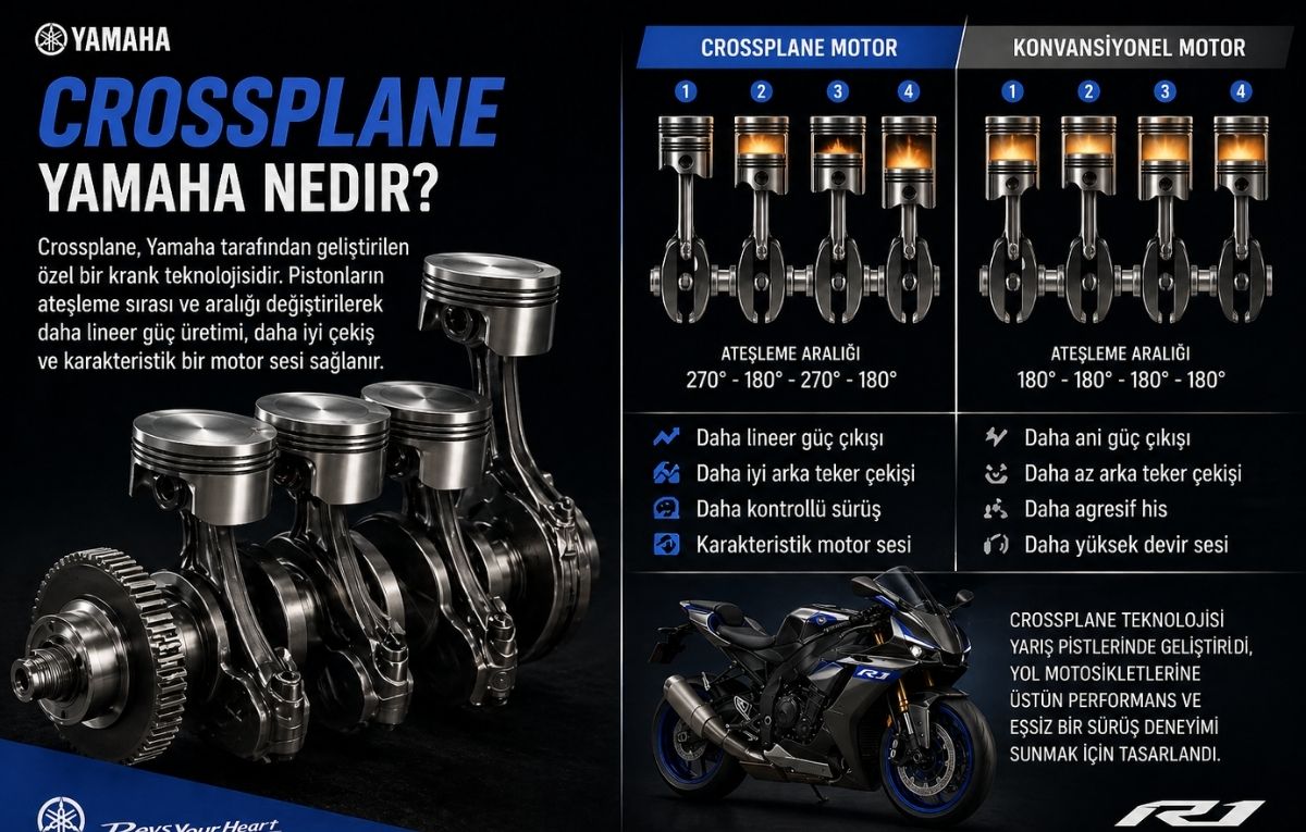 Yamaha Motor Company tarafından geliştirilen Crossplane (çapraz düzlem) krank teknolojisi, motorun güç üretme şeklini değiştiren özel bir sistemdir. Kısaca anlatmak gerekirse, motorun içindeki pistonların ateşleme aralıkları klasik motorlardan farklıdır.  Normalde çoğu motosiklette pistonlar düzenli ve eşit aralıklarla ateşleme yapar. Crossplane motorlarda ise bu aralıklar eşit değildir. Bu sayede motor, gücü daha kontrollü ve daha hissedilebilir bir şekilde üretir.