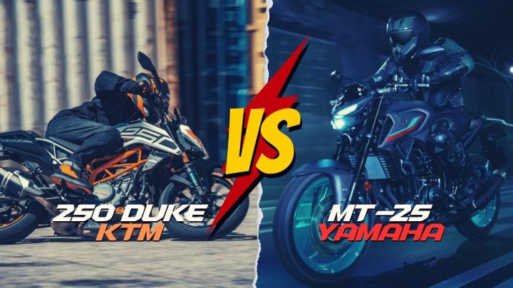 <p>KTM 250 DUKE vs YAMAHA MT-25 Karşılaştırması: GÜÇ 30hp  36hp  TORK 24nm.  26.6nm., AĞIRLIK 146kg  153kg  FREN Ön Arka Disk Abs  Ön hidrolik tek disk 298 mm, arka hidrolik tek disk 220 mm ABS (Nissen Kaliperler), SELE 83cm  78cm  LASTİK Ön - Arka(110/70 17 / 150/60 17)  110/70-17 ön, 140/70-17 arka lastik ebatları, TOP SPEED 142km/h  170km/h  FİYAT 185900TL  207900TL  YAKIT KAPASİTESİ 13.4 litre  14 litre  YAKIT TÜKETİMİ 3.2 litre  3.7 litre  SUBAP Tek Silindir, 4 Subaplı  Çift Silindir, 4 Subaplı</p>