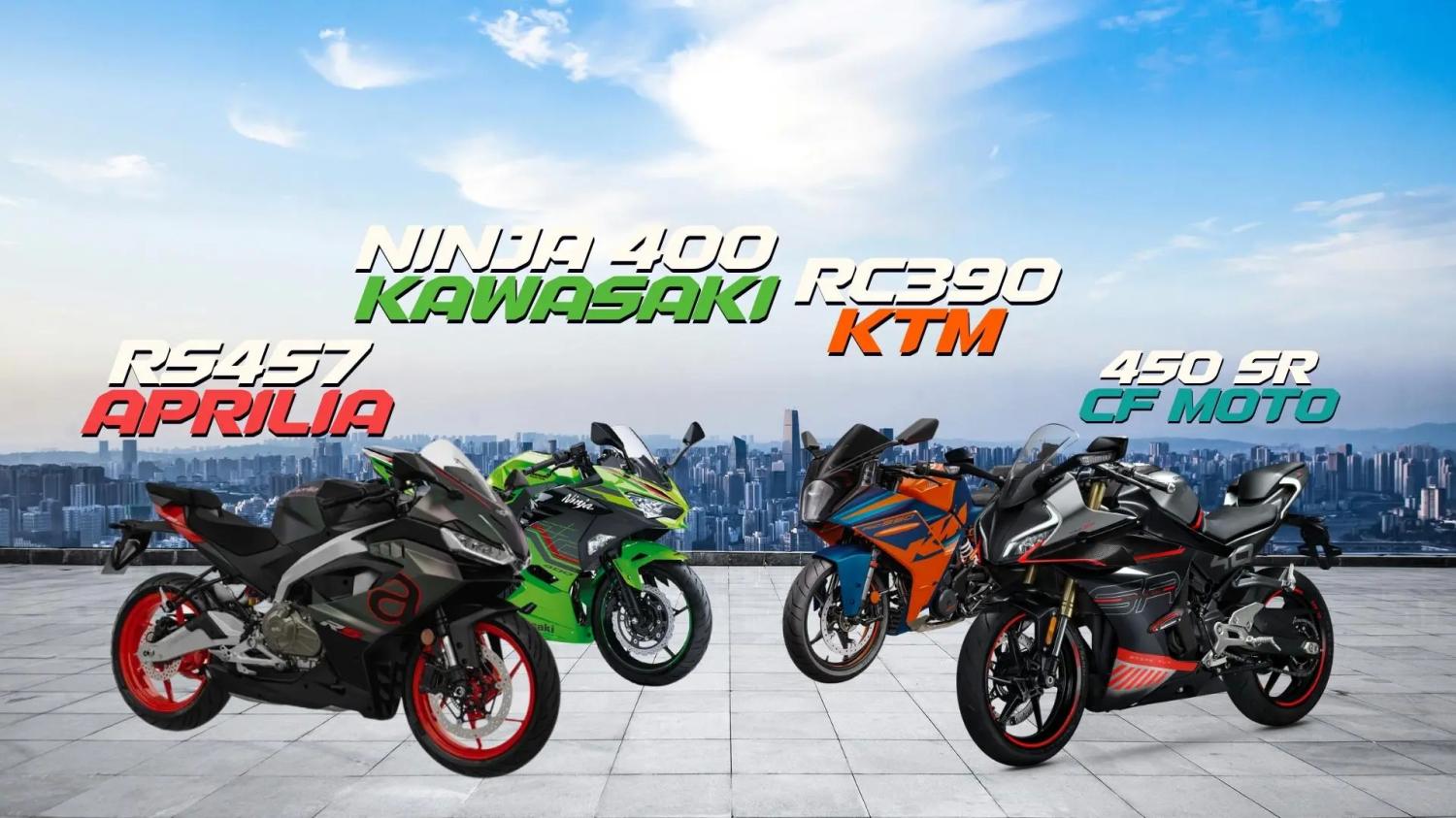 A2 ehliyetle sürülebilecek en güçlü motosikletler özellikle bu sene içinde oldukça çoğaldı. Yeni model olarak ilk atak CF Moto' dan 450SR olarak gelirken, ardından gelen Aprilia RS457 modeli de bu piyasada ben de varım dedi. Uzun zamandır üretimde olan KTM RC390 ve Kawasaki Ninja 400 modelleri ile de bu yeni çıkan modellerin kıyaslamalarını detaylı bir şekilde siz değerli motosiklet kullanıcılarına ve meraklılarına sunuyoruz. İşte karşınızda Aprilia RS457, KTM RC390, Kawasaki Ninja 400 ve CF Moto 450SR detaylı kıyaslamaları: