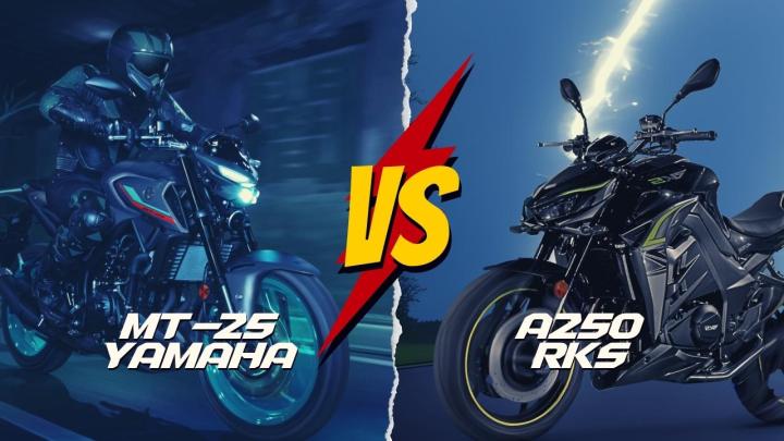 Yamaha MT-25 vs Rks A250 Kıyaslaması: GÜÇ 24.6hp  36hp  TORK 23.4nm.  26.6nm., AĞIRLIK 174kg  153kg, LASTİK 120-70-17, 150-70-17  110/70-17 ön, 140/70-17 arka l