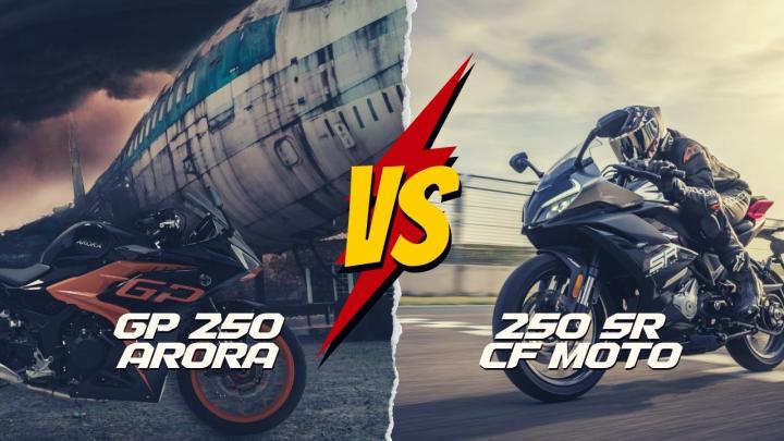ARORA GP250 vs CF MOTO 250SR Kıyaslama : GÜÇ 32hp  28hp  TORK 21.8nm.  22nm., AĞIRLIK 168kg  165kg, LASTİK 110/70-17 - 150/60-17  110/70-17 ön, 140/60-17 arka l