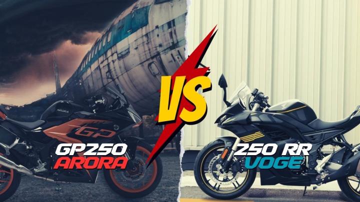 ARORA GP250 vs VOGE 250RR Kıyaslama: GÜÇ 32hp  30hp  TORK 21.8nm.  23nm., AĞIRLIK 168kg  151kg  FREN Ön Arka Disk Abs  DİSK/DİSK ABS Hidrolik, SELE 78cm  78cm  