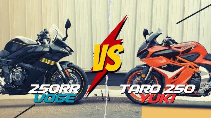 Voge 250 RR vs YUKI GP-1 TARO 250 Comparison: POWER 30hp 21hp TORQUE 23nm. 26nm., WEIGHT 151kg 176kg BRAKE DISC/DISC ABS Hydraulic Disc (Disc) ABS SEAT 78cm 79c