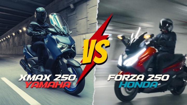 Yamaha XMAX 250 vs Honda Forza 250 Karşılaştırması : GÜÇ 22.5hp  23hp  TORK 24.3nm.  23.4nm., AĞIRLIK 183kg  184kg  FREN Hidrolik tek disk, Ø267 mm (ABS), Hidro