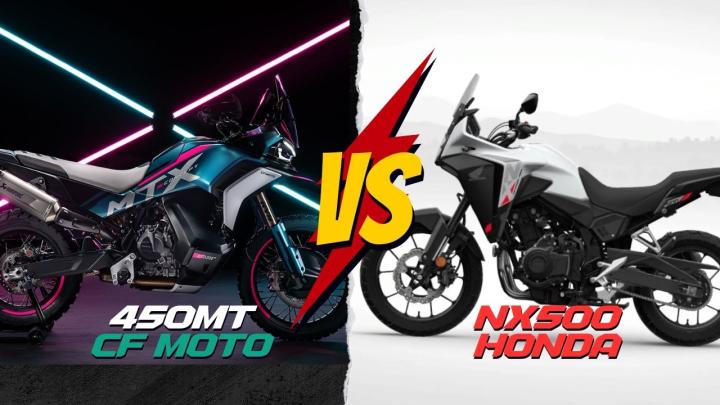 CF Moto 450MT vs Honda NX500 Özellikleri: GÜÇ 43.6hp - 47hp, TORK 44nm - 43nm, MOTOR HACMİ 450cc - 500cc, AĞIRLIK 175kg - 196kg - SBK MOTOR