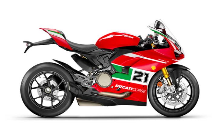 Ducati Panigale V2 Bayliss Modello di motocicletta Specifiche: Coppia:104nm., Potenza:155hp, Peso:197, Velocità massima:280, Capacità serbatoio: 17, Consumo carburante: 6, Numero cilindri:2, Numero valvole: 8