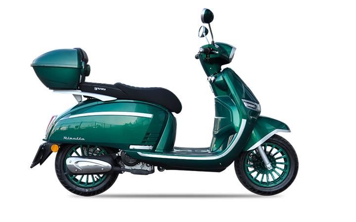 YUKI Risotto 50 Modello di motocicletta Specifiche: Coppia:3.3nm., Potenza:3.1hp, Peso:107, Velocità massima:45, Capacità serbatoio: 5, Consumo carburante: 3.2, Numero cilindri:1, Numero valvole: 2