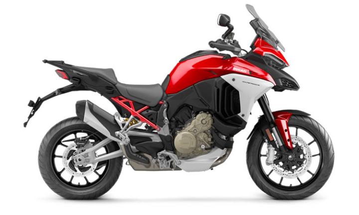Ducati Multistrada V4 Modello di motocicletta Specifiche: Coppia:125nm., Potenza:170hp, Peso:240, Velocità massima:250, Capacità serbatoio: 22, Consumo carburante: 7, Numero cilindri:4, Numero valvole: 16