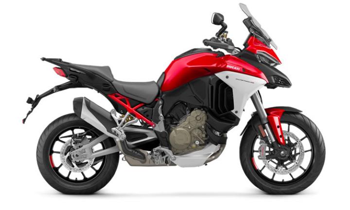 Ducati Multistrada V4 S Modello di motocicletta Specifiche: Coppia:125nm., Potenza:170hp, Peso:243, Velocità massima:250, Capacità serbatoio: 22, Consumo carburante: 7, Numero cilindri:4, Numero valvole: 16